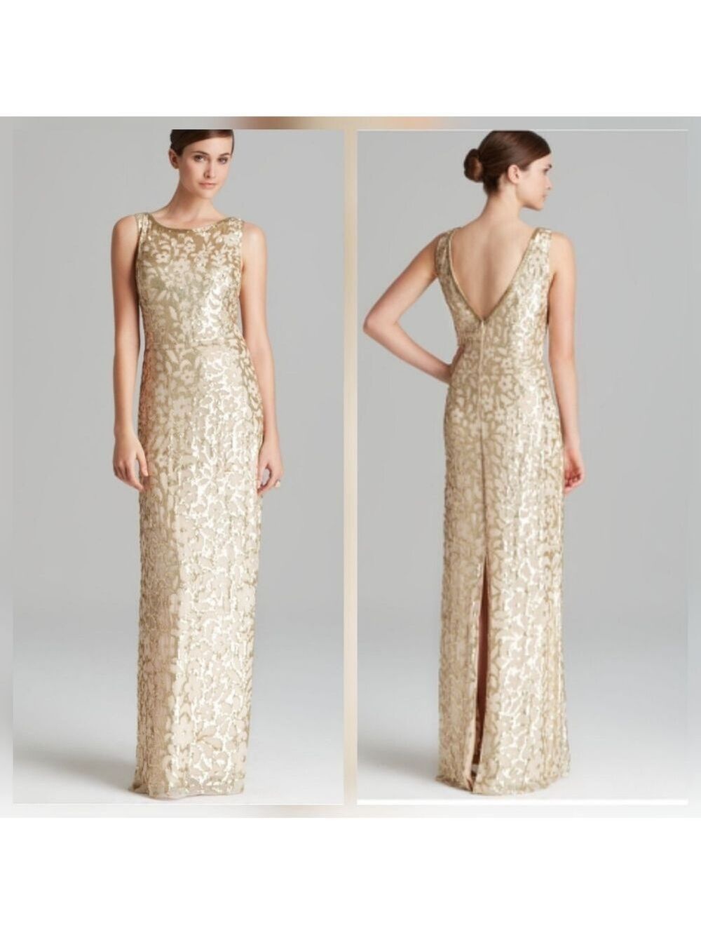 Aidan Mattox Gold Sequin Silk Column Dress, Size 2